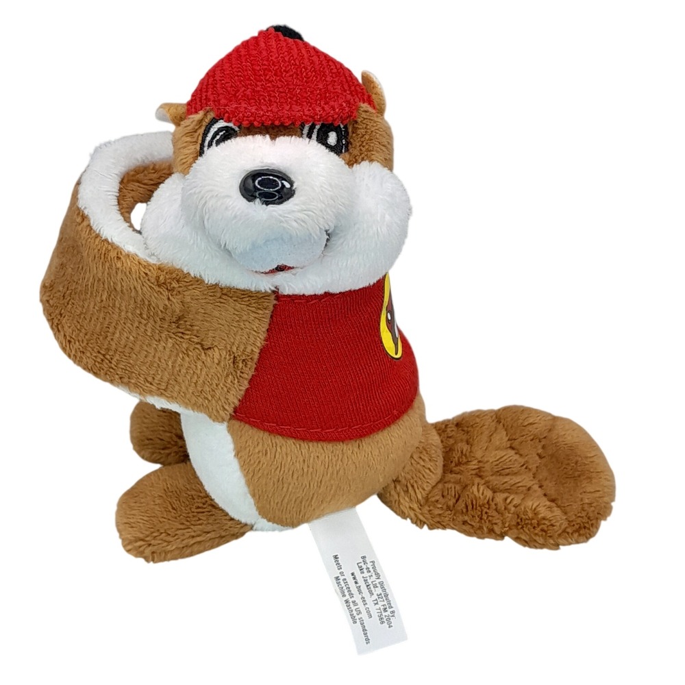 Buc-ee's Beaver Mascot Plush Slap Bracelet Red Hat Shirt Brown 4"